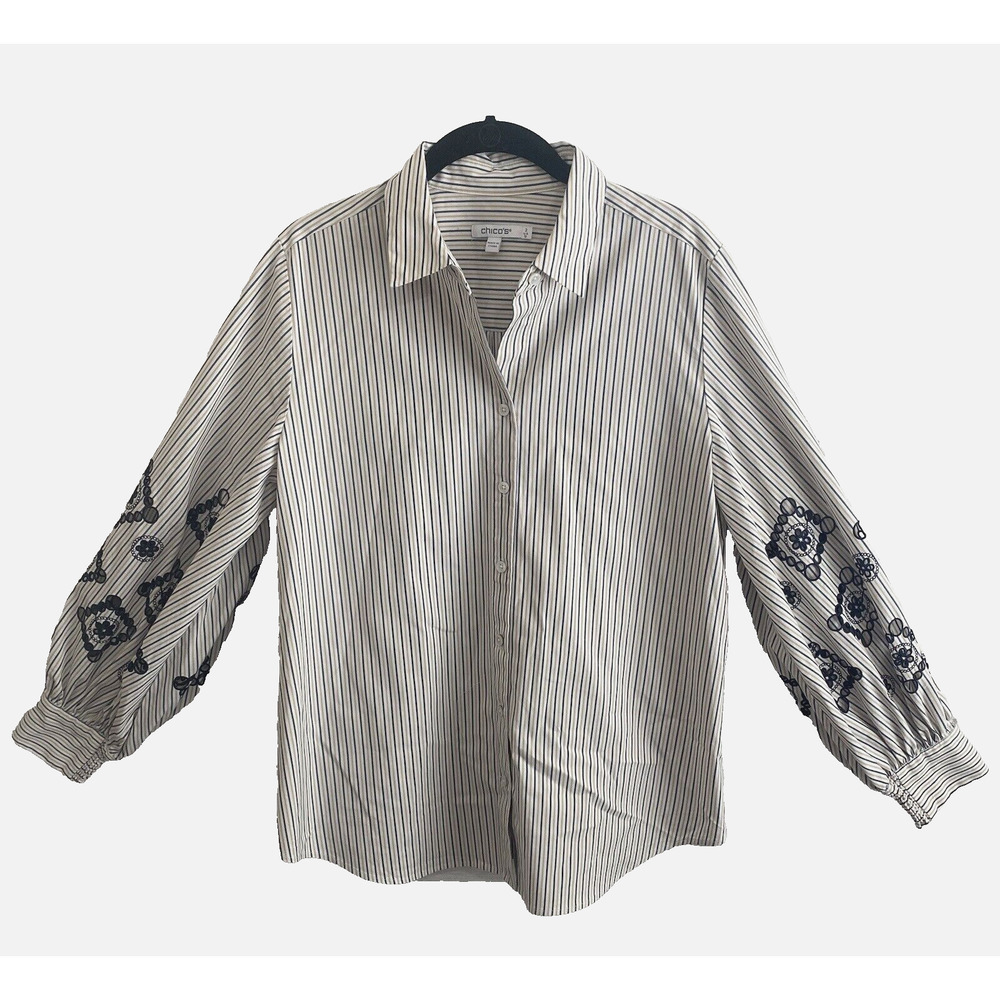 Chico's Striped Blouse with Navy Embroidery